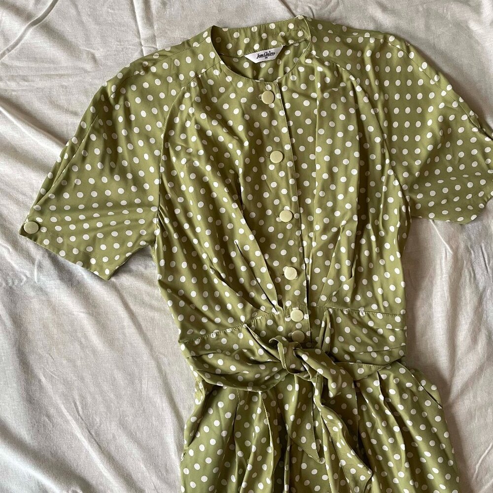 Vintage Retro 80s Sage Green Polka Dot Button-Up Waist Tie Maxi Dress Whimsy - Picture 2 of 5